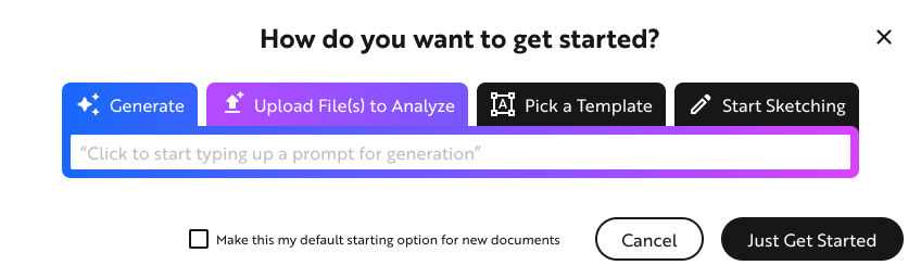 A medium fidelity wireframe showing a pop-up modal with tabs to choose the method by which to start working on a new design file